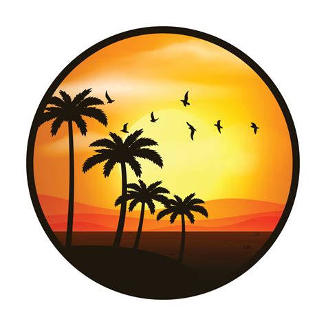 Sunset On A Beach With Palm Tree And Mountain Vector Illustration