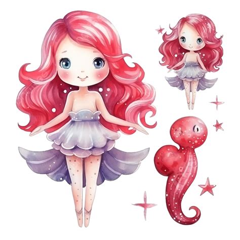 Cute Mermaid And Friends For Merry Christmas With Watercolor