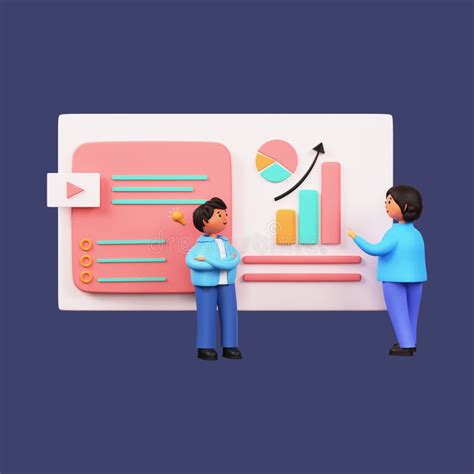 3d Render Of Businessman And Woman Presenting Data Analysis Chart On Blue Stock Illustration