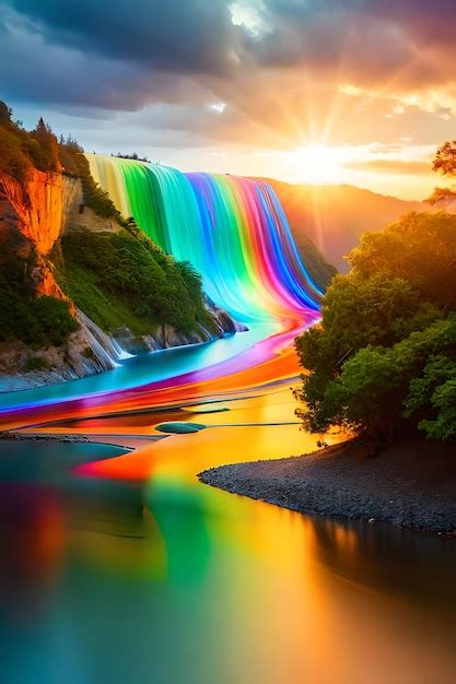 Una Cascada Con Un Arco Iris En El Cielo Foto Premium