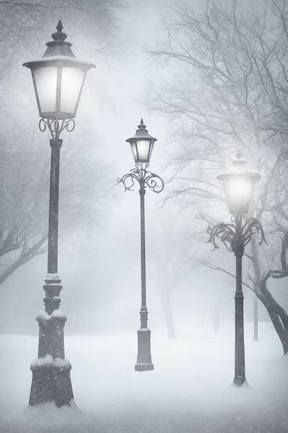 A street lamp in a snowy park with a snow covered background. | Premium AI-generated image