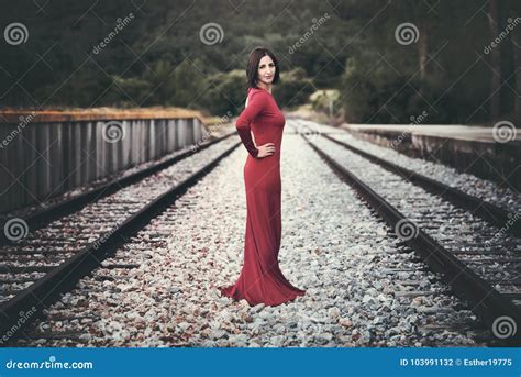 Young Woman on Train Tracks Stock Photo - Image of romanticism, cute ...