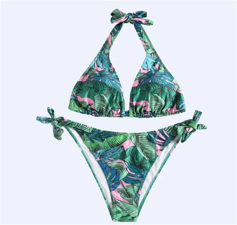 Lady Plus Size Tropical Leaf Print Halter Bikini Set Beachwear Swim