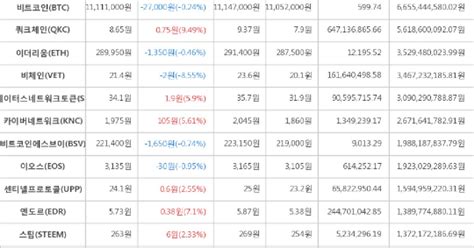 가상화폐 9일 오후 1시 30분 비트코인 27000원 하락한 11111000원에 거래