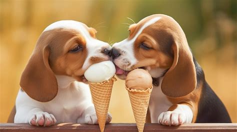 Premium Ai Image Two Puppies Eating Ice Cream Cones With One Being