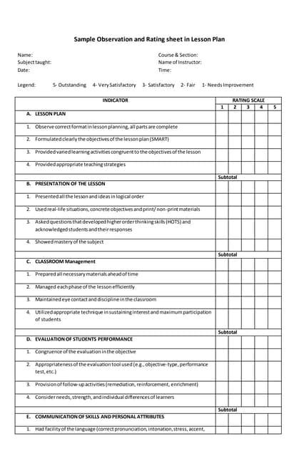 Sample Observation And Rating Sheet In Lesson Plan Pdf