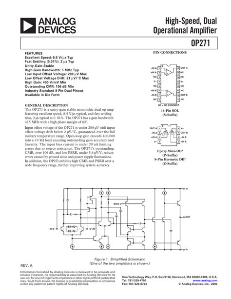 Op271 High Speed Dual Operational Amplifier Data Sheet Rev A