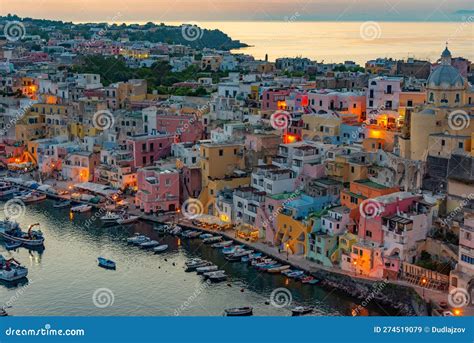 Sunset View Of Marina Di Corricella At Italian Island Procida Editorial