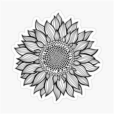 A Black And White Drawing Of A Large Sunflower With Leaves In The Center On A White Background