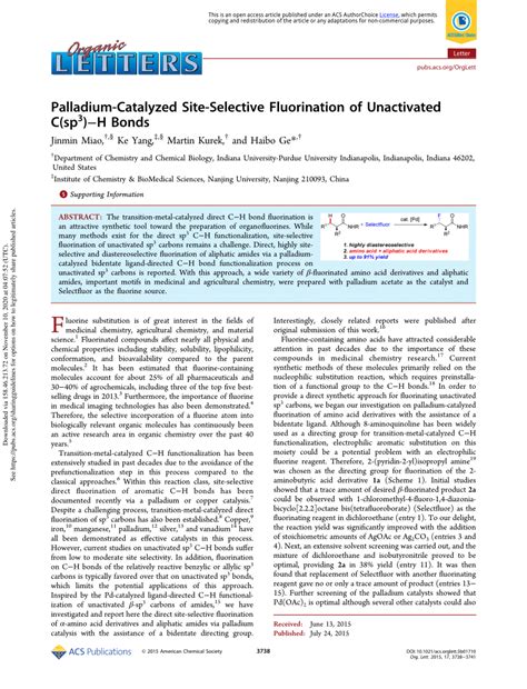 Pdf Palladium Catalyzed Site Selective Fluorination Of Unactivated C