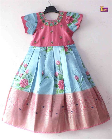 Prince N Princess Pink Sky Blue Aari Work Pattu Gown Pg418