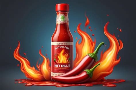 Hot Chili Sauce On Fire Vector Realistic Product Placement Mock Up Bottle Label Design Premium