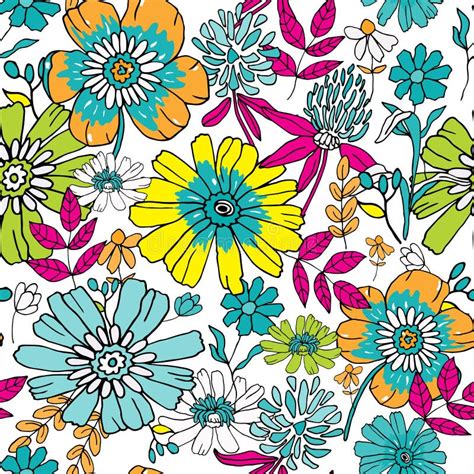 Seamless Floral Background Hand Drawn Flowers And Leafs On Whit Stock