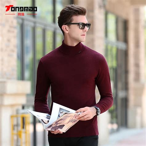 100 Pure Wool Fashion Mens Sweater Solid Color Turtleneck Knitted Men Pullover Autumn Winter