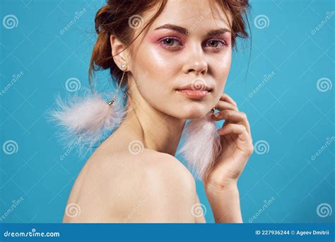 Pretty Woman Naked Shoulders Fashion Posing Bright Makeup Stock Photo