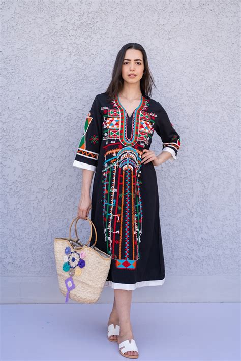 Siwa Black Tunic Embroidered Kaftan Bohemian Embroidery Tunic Dress