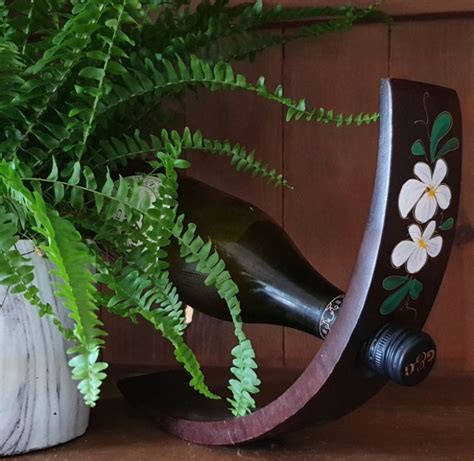 Hand Carved Curved Wine Bottle Holder White Flower Design