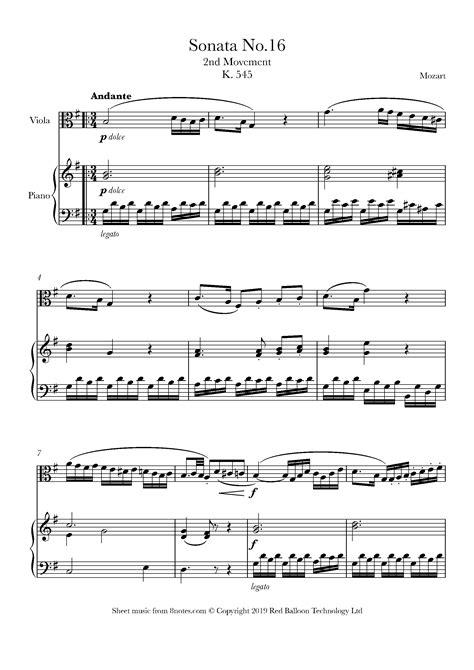 Mozart Wolfgang Amadeus Sonata No 16 K 545 2nd Movement For Viola