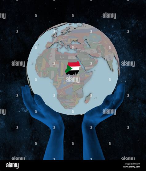 Sudan With Flag On Globe In Hands In Space D Illustration Stock Photo