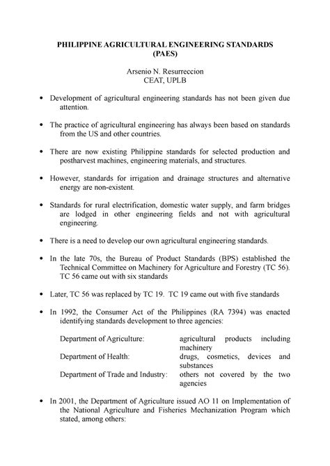 Review Notes Paes Philippine Agricultural Engineering Standards