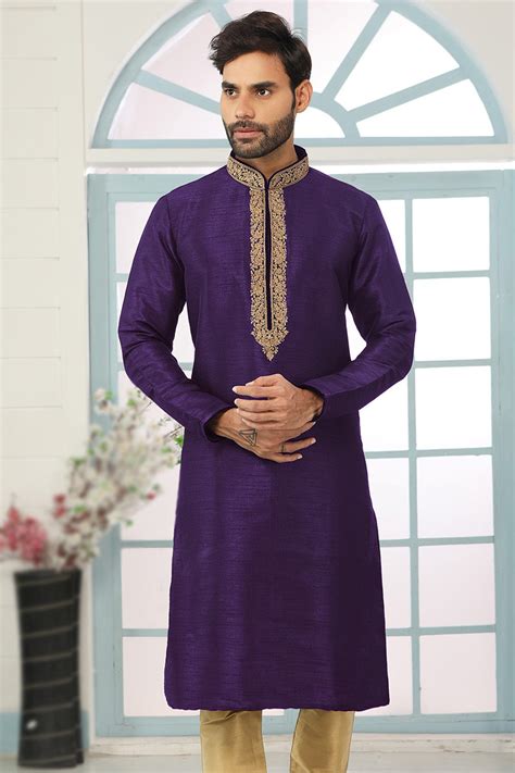 Dupion Silk Dark Purple Embroidered Straight Cut Men S Kurta Mkv