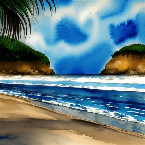 Watercolor Painting of Beach Landscape with Clear Ocean · Creative Fabrica