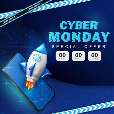 Premium Vector Cyber Monday Ad Banner With 3d Rocket Barrier Tapes