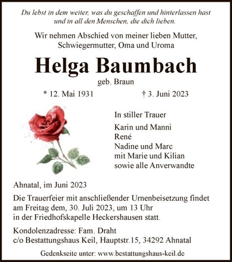 Traueranzeigen Von Helga Baumbach Trauer Hna De