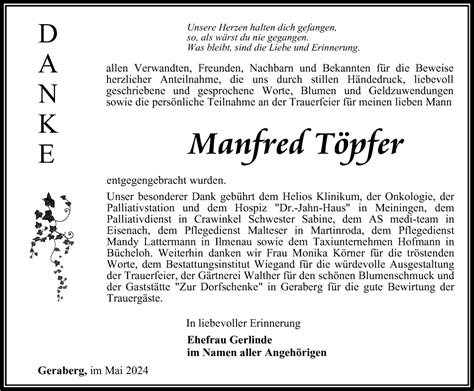 Traueranzeigen von Manfred Töpfer trauer in thueringen de