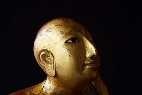 Th Century Burmese Kneeling Buddhist Monk Gilded Wood Temple Figure