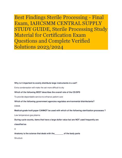 Best Findings Sterile Processing Final Exam IAHCSMM CENTRAL SUPPLY