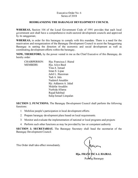 Barangay Barangay Development Council Executive Order Executive Order