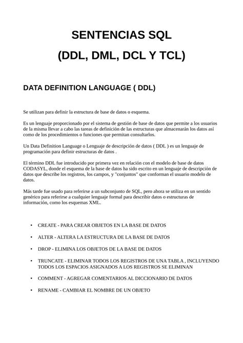 Pdf De Programación Sentencias Sql Ddl Dml Dcl Y Tcl