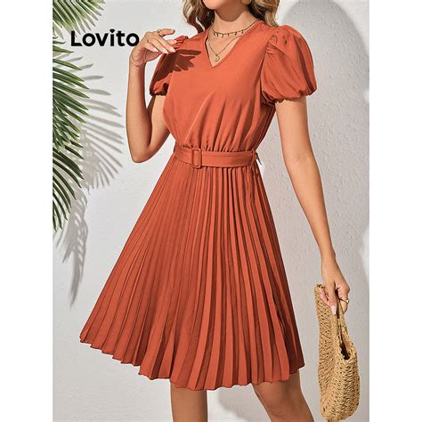 Lovito Vestido Elegante Liso Plissado Cinto De Renda Para Mulheres