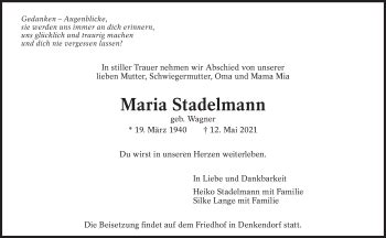 Traueranzeigen Von Maria Stadelmann Zeit Des Gedenkens De