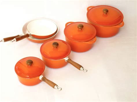 Vintage Enamel Cast Iron Cookware 10 Piece Set In Orange Etsy