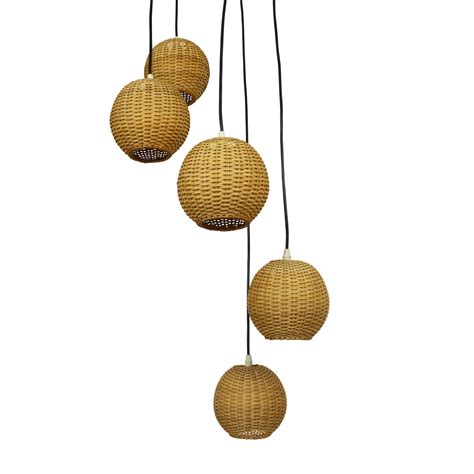 Large Spiral Pendant Light With Five Small Rattan Globes 1970s 1137