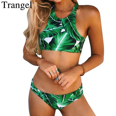 Trangel Bikini Women Swimwear Green Leaves Strappy Bikini Set High Neck