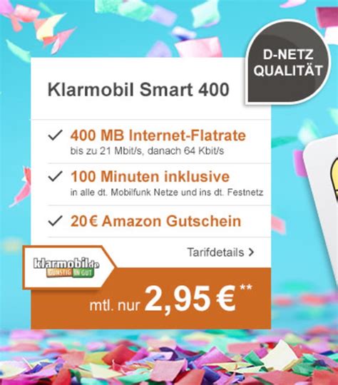 Klarmobil Smart 400 100 Minuten 400mb Internet Nur Mtl 295 Euro