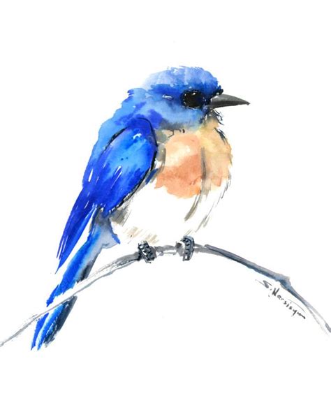 A Watercolor Painting Of A Blue Bird Sitting On A Branch