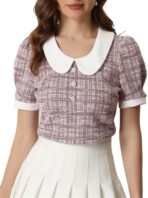 Allegra K Tweed Top For Women S Button Decor Peter Pan Collar Blouse