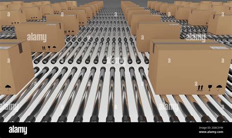 Rows Of Cardboard Packing Boxes Moving On Conveyor Belts Stock Photo