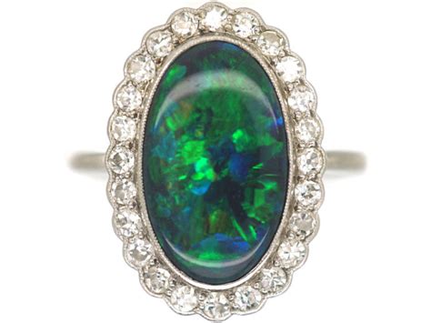 Edwardian Ct White Gold Platinum Black Opal Diamond Oval Cluster