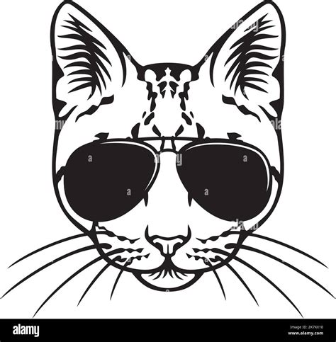 Cat Face With Aviator Sunglasses Black And White Vector Illustration