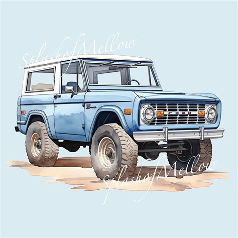 Watercolor Vintage Blue Bronco Clipart Vintage Car Clipart Vintage Car PNG Instant Download ...