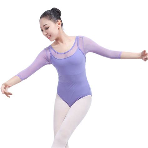 Women Black Mesh Dance Leotards Three Quarter Sleeve Ballet Leotards