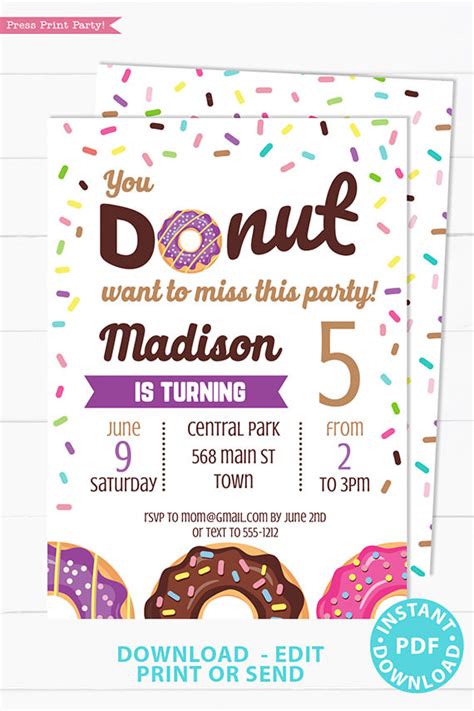 Birthday Invitation Editable Donut Invitation Girl Birthday Invitation