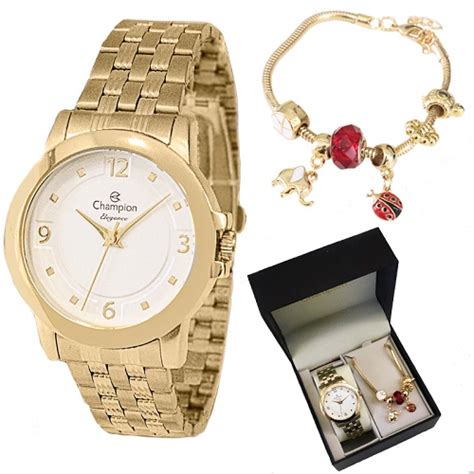 Relógio Champion Feminino Dourado Kit Semijoias Elegance CN26797W