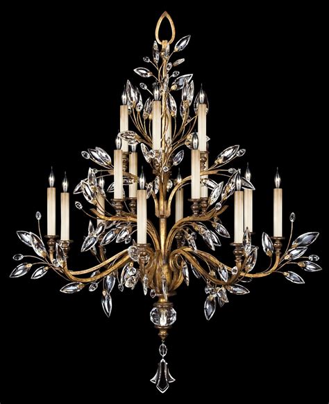 Chandelier In Gold Leaf With Stylized Faceted Crystal Leaves