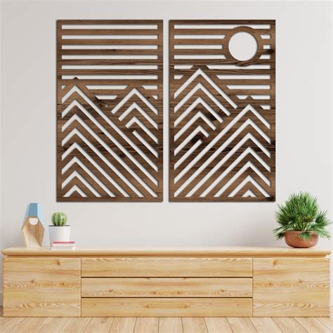 Sunset Mountain With Lines Panel Set Of 2 Wood Wall Art Geometric